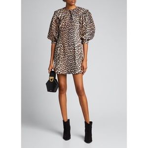 GANNI Leopard-Print Poplin Puff-Sleeve Dress